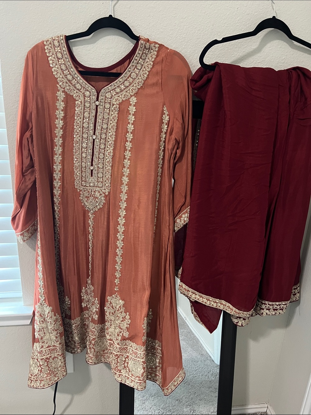 Embroidered Peach Tunic with Maroon Pants Set wedding /party